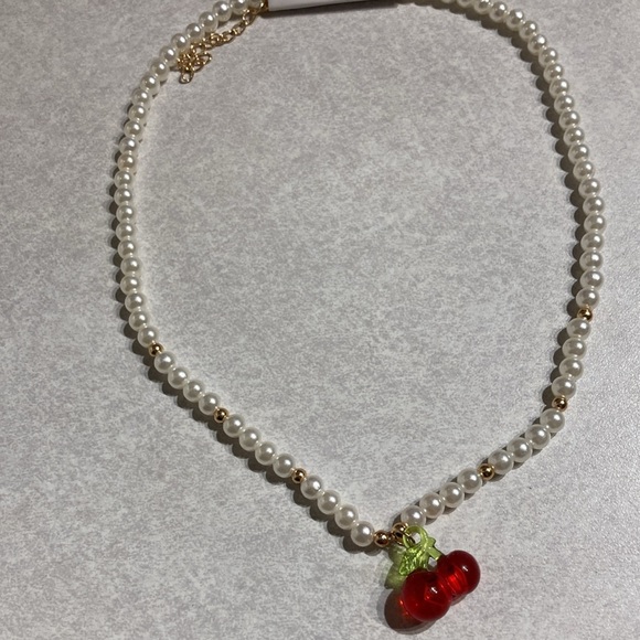 Elegant Pearl Necklace with Cherry Pendant - Picture 2 of 7